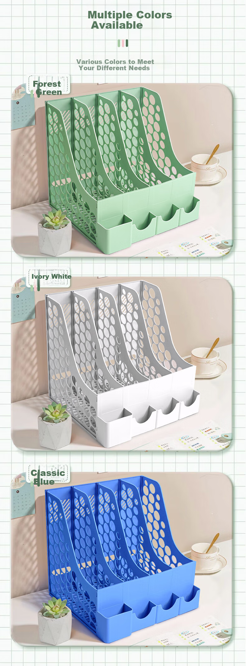 Licao Four-Unit File Organizer Desktop Storage Rack Bookend Desk Organizer File Holder Document Storage Folder Office Essential with Pen Holder Blue 10