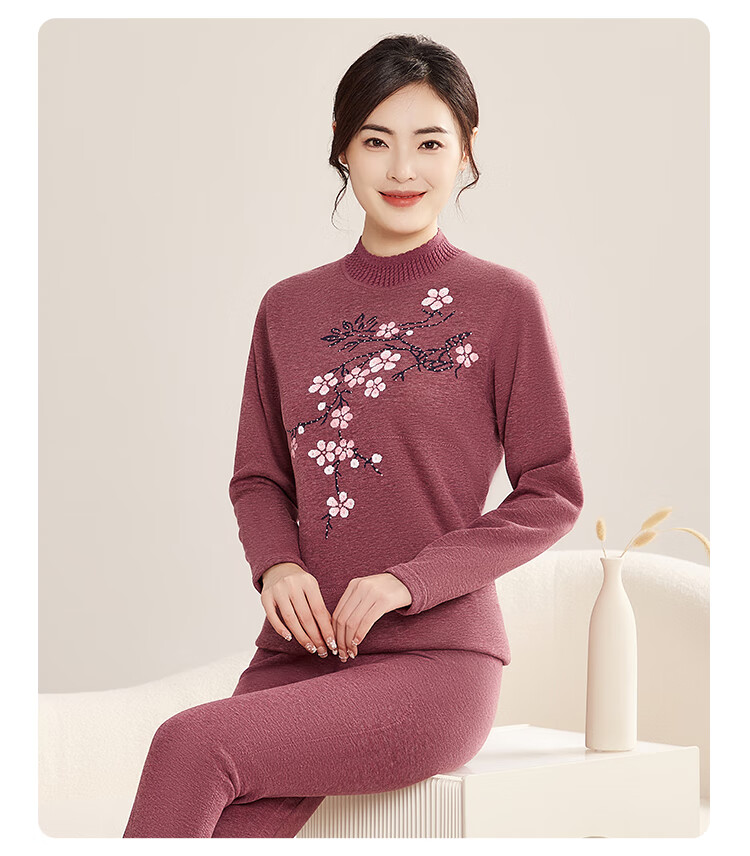 Hodo Home Mom's Thermal Underwear Women's Winter Fleece Thickened Silk Patch Half Turtleneck Set 2