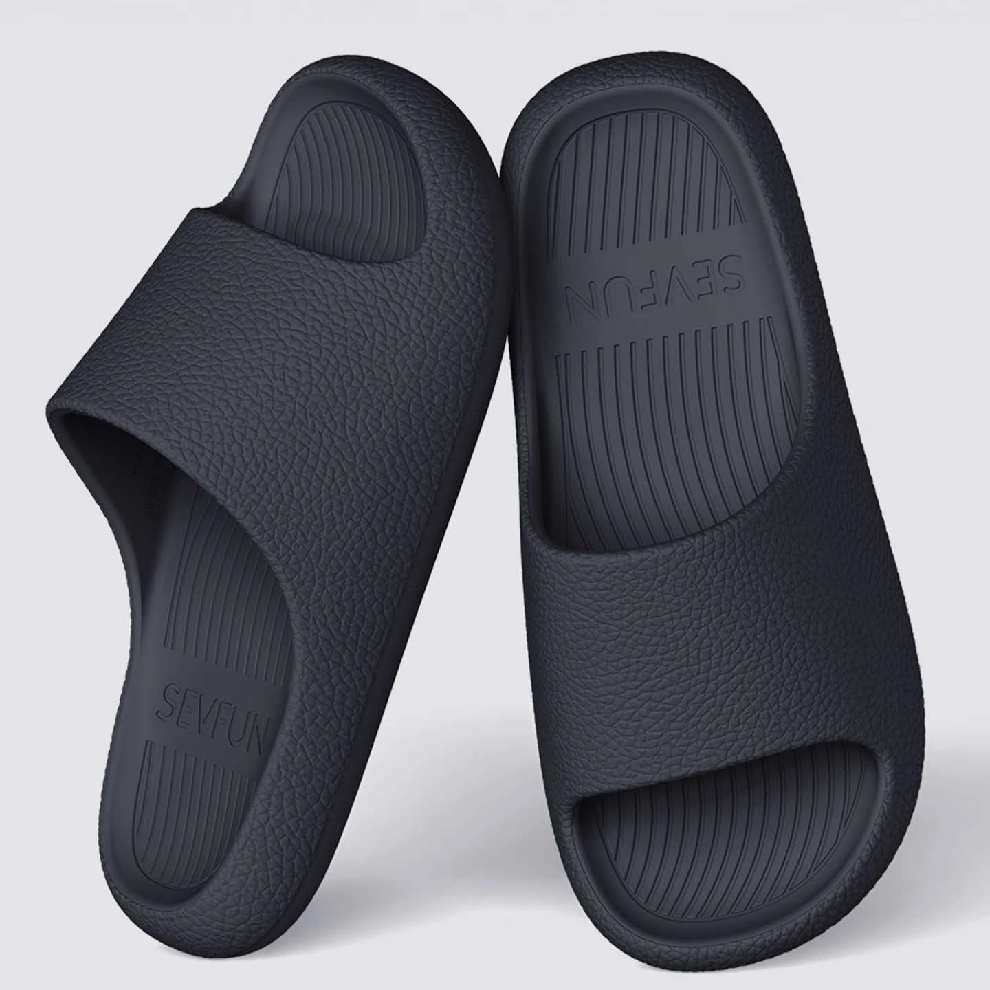 Qise Fang Men's Slippers Leather Texture EVA Skin-Friendly Home Bathroom Quick-Dry Non-Slip Couple Thick Sole Women's Black Size 38-39