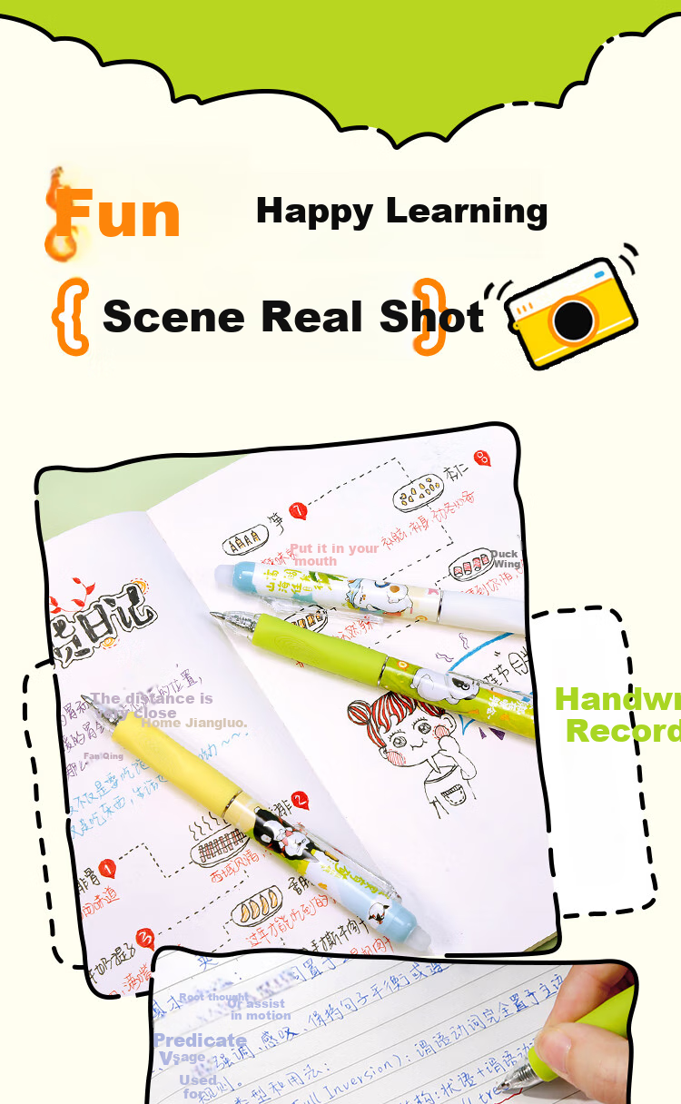 COMIX Erasable Gel Pen, Wu Huang Co-Branded Retractable Pen with Bullet Tip 0.5mm Blue, Cartoon High-Quality Signature Pen for Elementary School Students, 4 Pens EWHGP0102 5