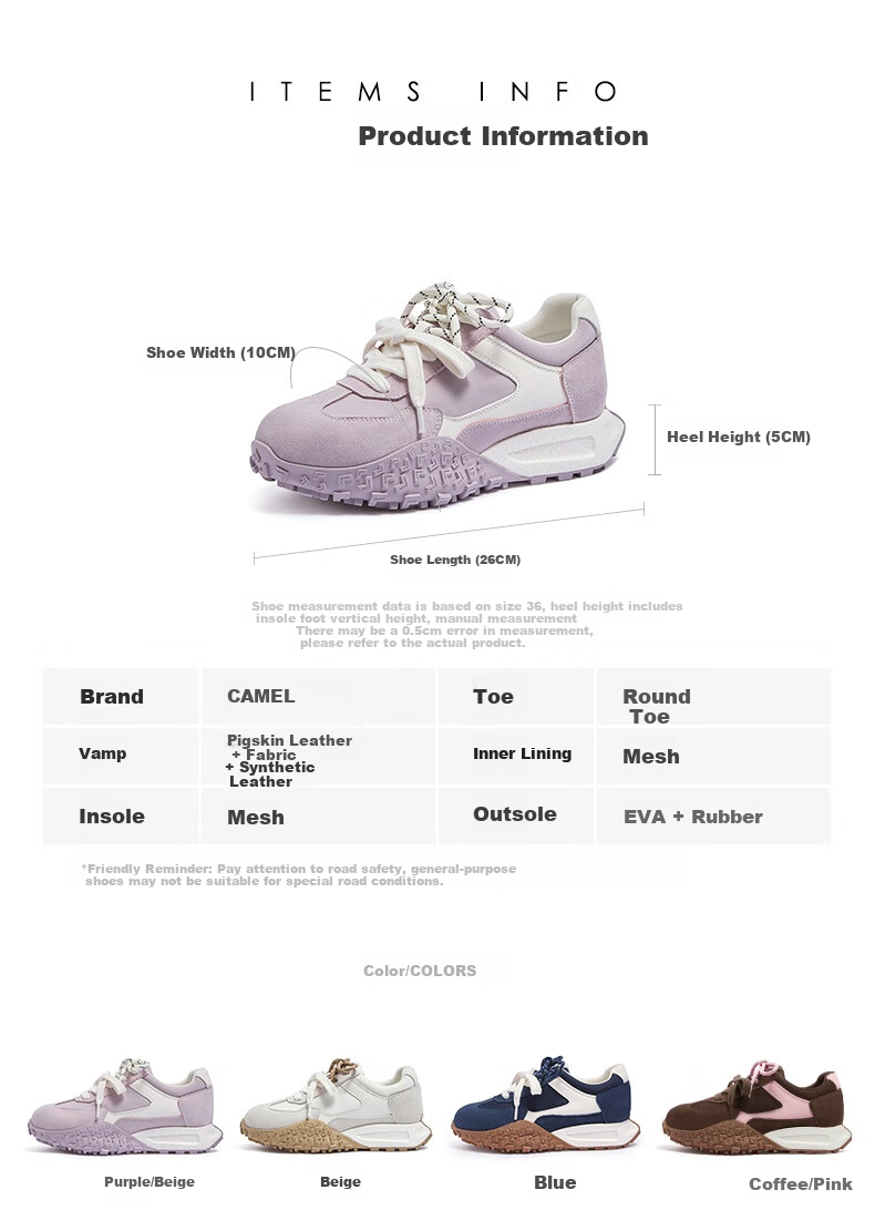 CAMEL Women's Yanyang Shoes with Light Soft Casual Sneakers L25A255136 Purple/beige 36 20