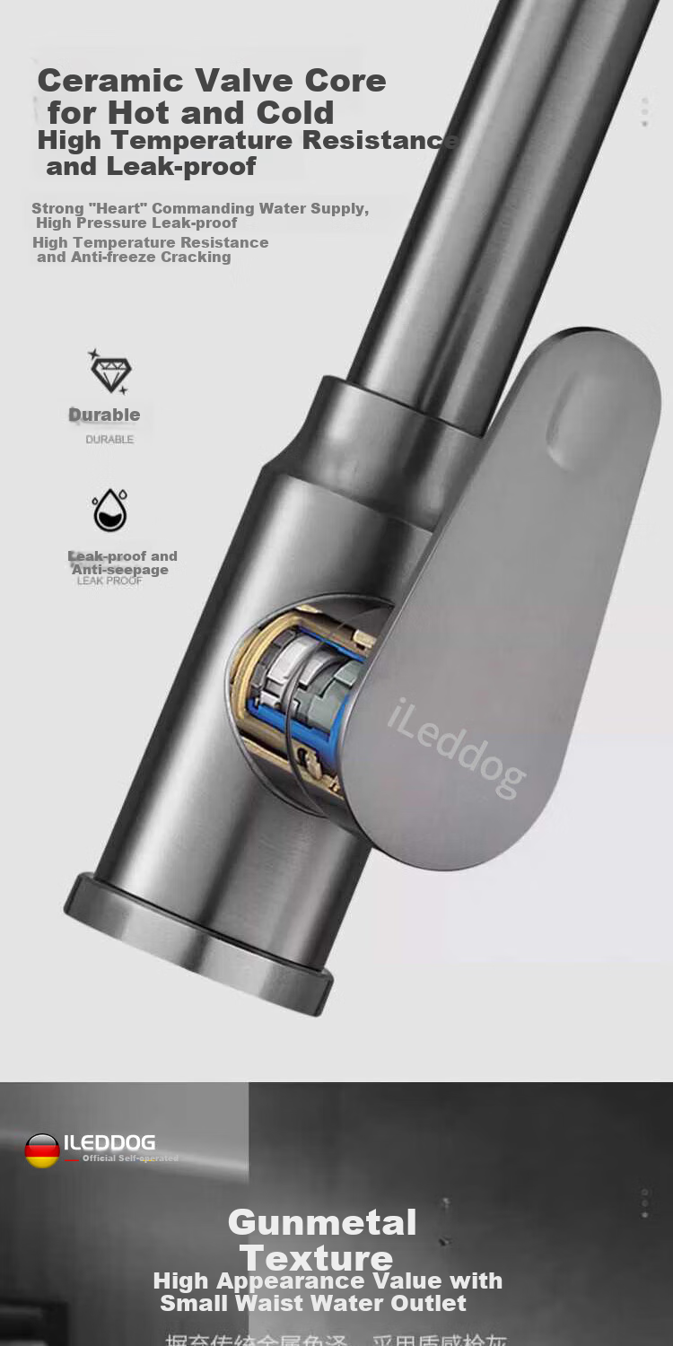 ILeddog [Germany] Kitchen Faucet, Thickened Stainless Steel, Pull-Out And Extendable, Sink Sprayer, Anti-Splash Hot And Cold Tap CPCL 7