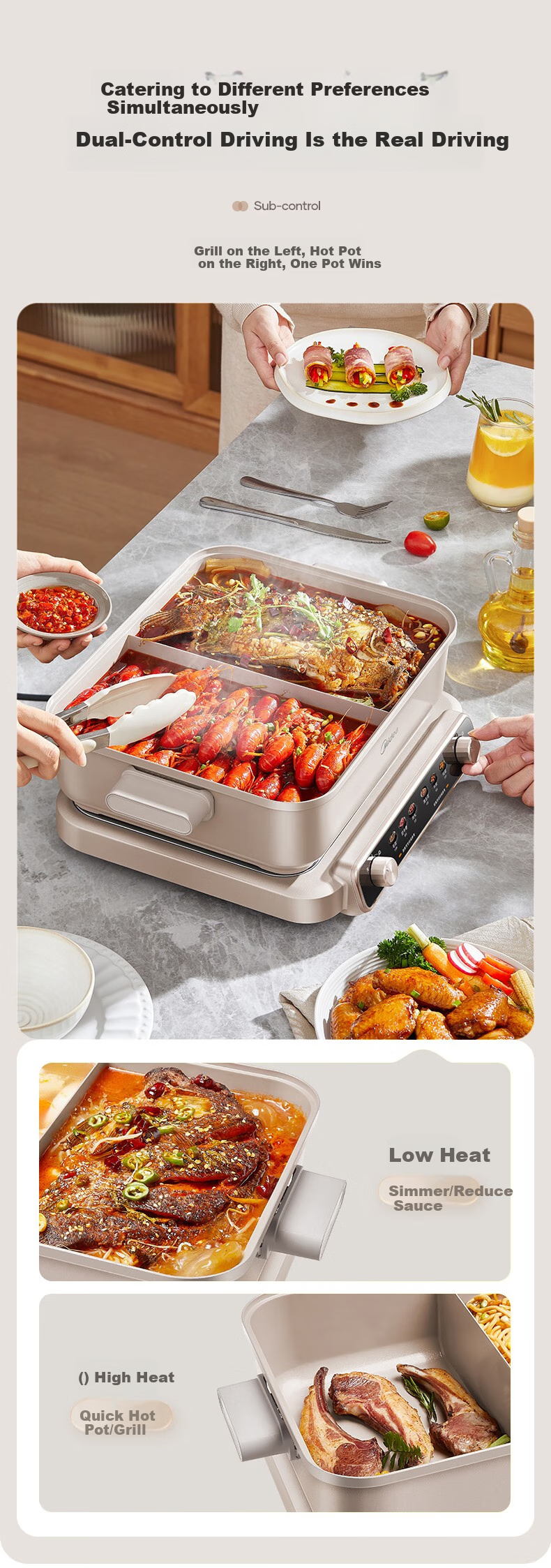 Midea Rapid Boiling Electric Hot Pot, Zero Fluorine Nano Non-Stick Ultra-Thin Household Electric Cooking Pot, 8L Large Capacity Zoned Temperature Control Yin-Yang Hot Pot, 2100W Multifunctional Pot 12