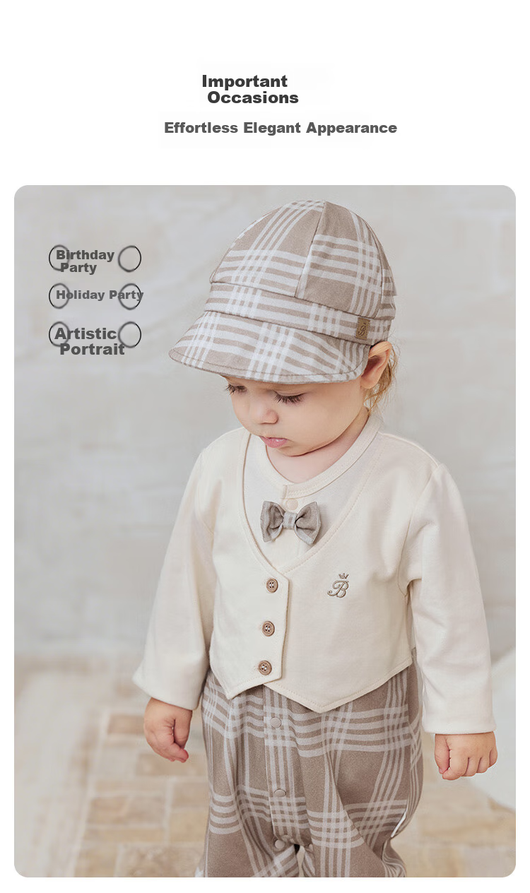 Babylove Infant Romper Spring And Autumn Season, Baby Boy Faux Two-Piece Pure Cotton Onesie, Gentleman English Style Trendy First Birthday Party Outfit 3
