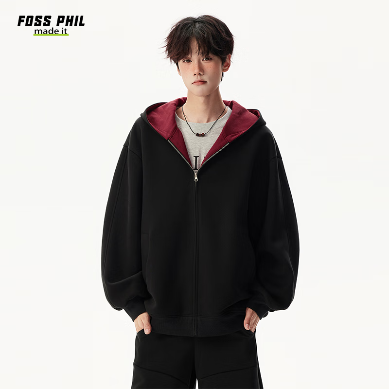 Foss Phil Men's Autumn Winter American Style Hoodie Double Zipper Colorblock Couple Zip-up Jacket 5Q1083 Black XL