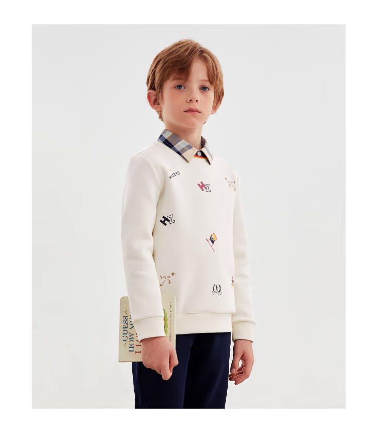 HAZZYS Brand Boys' Knitted Solid Color Double-Sided Embroidered Logo Sweatshirt, Spring New Style, Navy Blue, Size 130 3