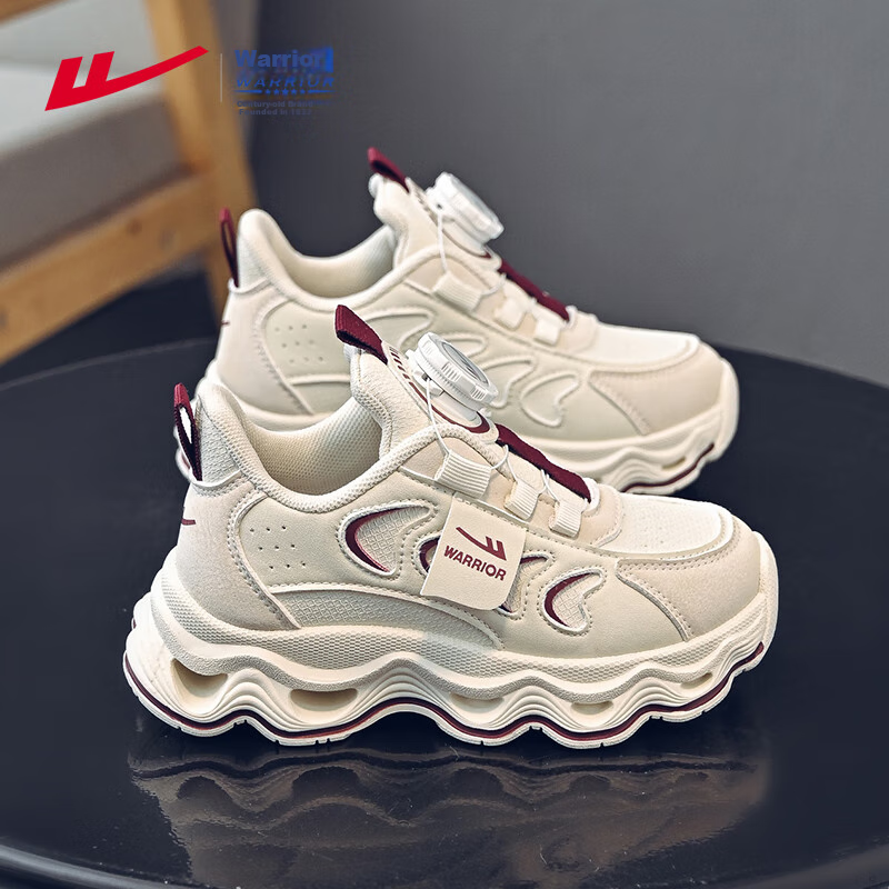 Warrior Girls' Dad Shoes, Spring And Autumn Lightweight Soft-Soled Casual Running Shoes, WZ-1707, Beige/burgundy, Size 36