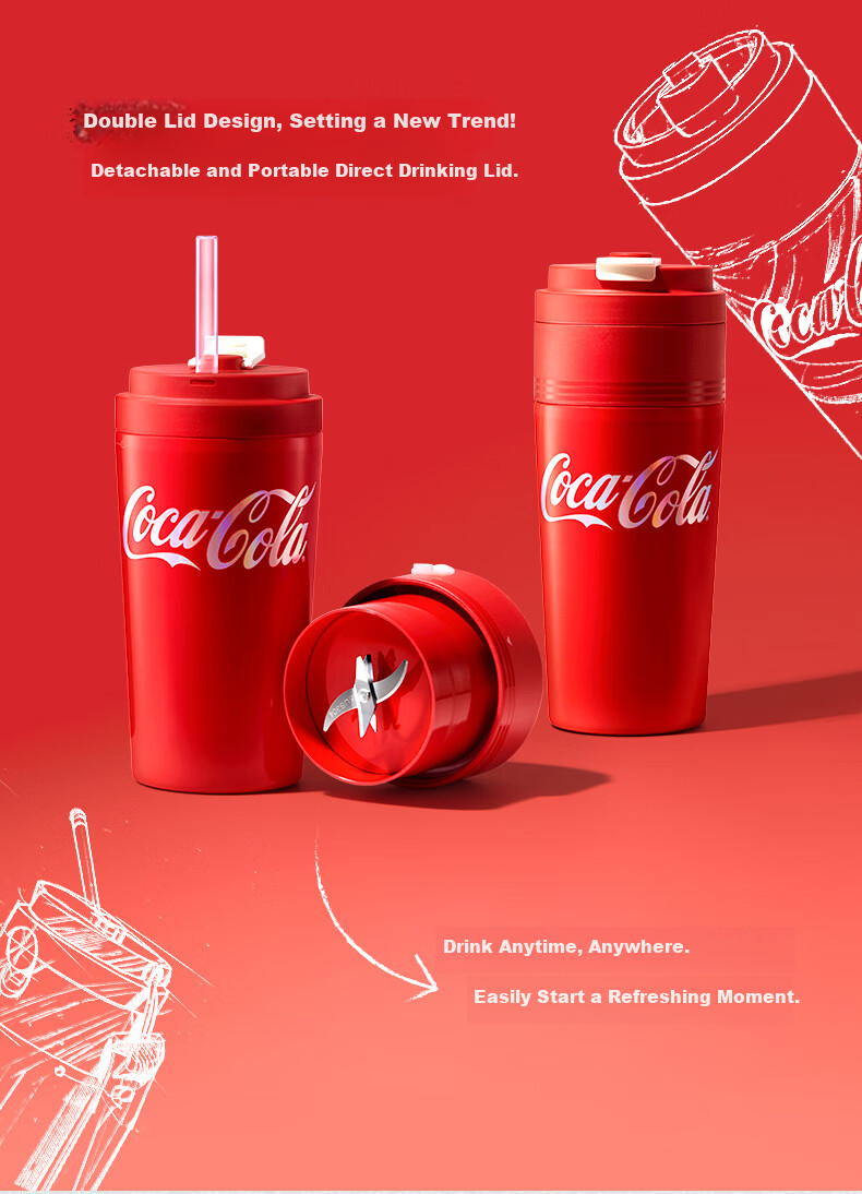Coca-Cola Juicer Cup, Small Portable Blender with Ice Crusher, Dual-Lid Juicing Machine, USB Rechargeable Juicer AH-60GZ01JR Red 3