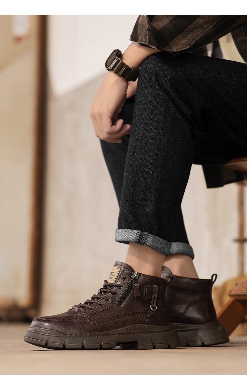 Bull Family Martin Boots Men Autumn Winter New Retro British Style Side Zipper Work Shoes High Top Outdoor Combat Boots 18