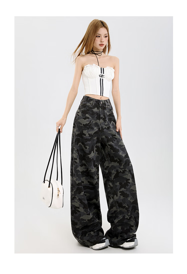 Free Style Camouflage Wide-Leg Denim Jeans for Women 2025 Autumn New American High Street High Waist Slim Loose Straight-Leg Floor-Length Pants 3