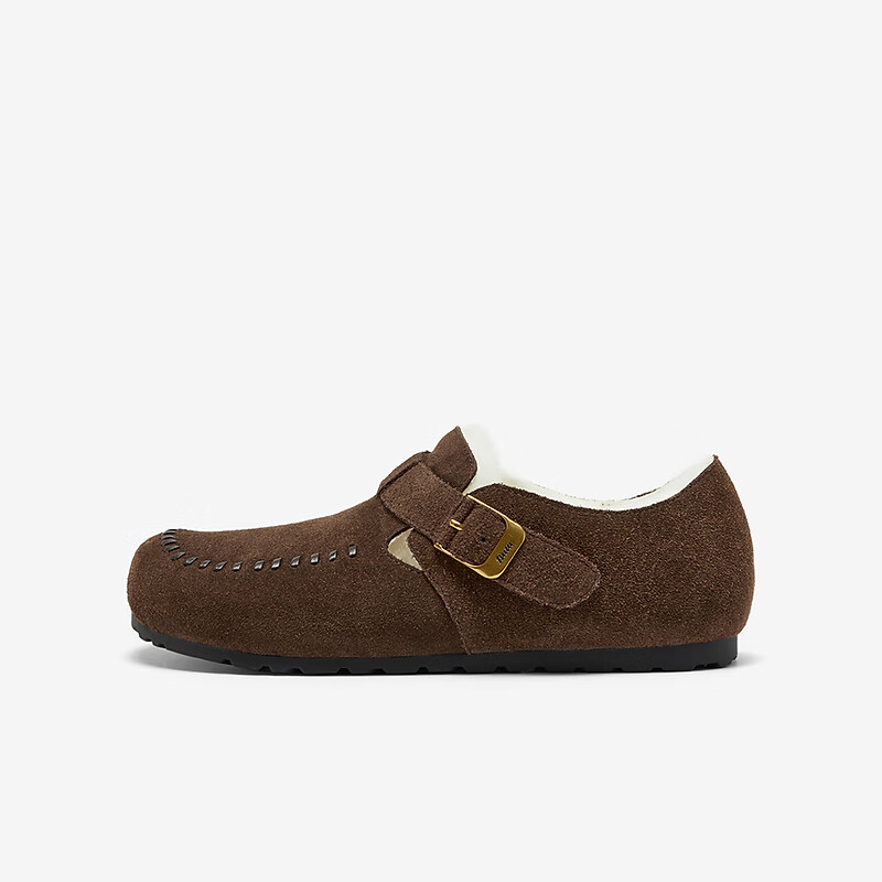 Bata 2025 Winter Women's Birkenstock Style Shearling Shoes English Style Cow Split Leather Flats 252MMDA5 Brown Size 37