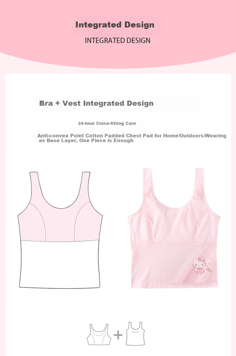 Hello Kitty Girls' Training Bra, Developmental Underwear, Breathable Camisole, Girls' Bra, Thin Summer Style, 88009 White-Pink, Size 150 4