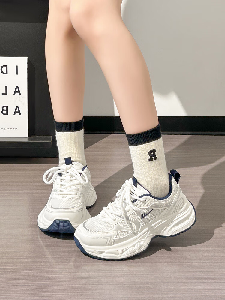 Warrior Women's Sports Shoes Autumn Casual Korean Style Breathable Haze Blue Dad Sneakers White Dark Blue Size 39 4