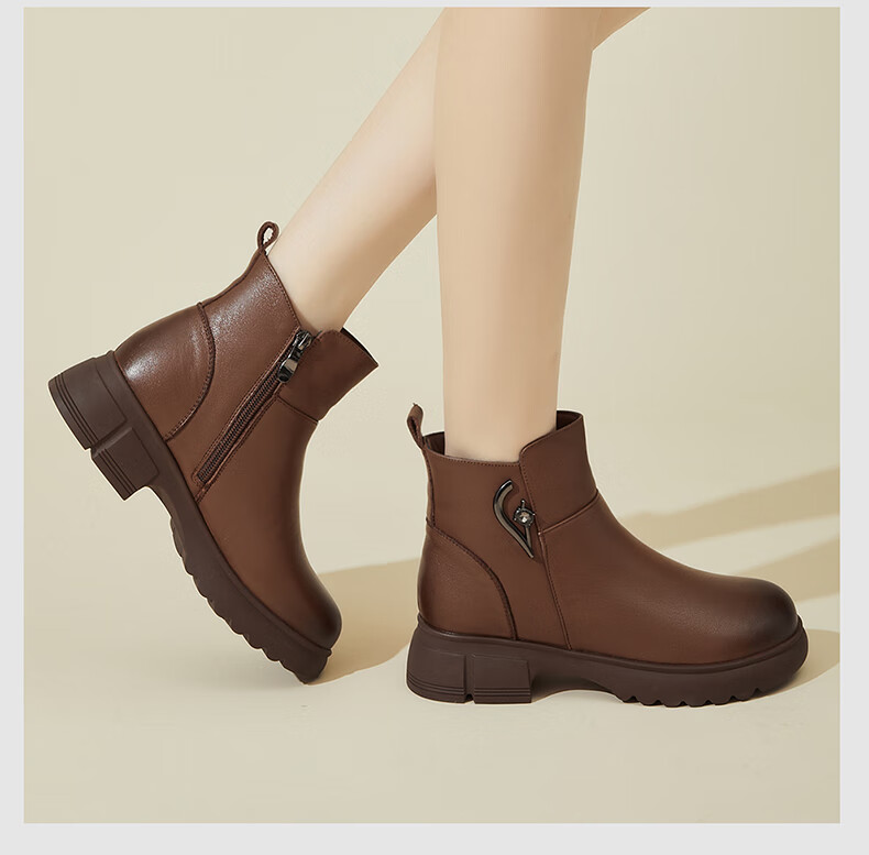 FUGUINIAO Ultra Thick Fleece-Lined Genuine Leather Cowhide Short Boots for Women Autumn Winter Warm Cold-Resistant Metal Decor Elegant Women's Boots Brown Size 36 8