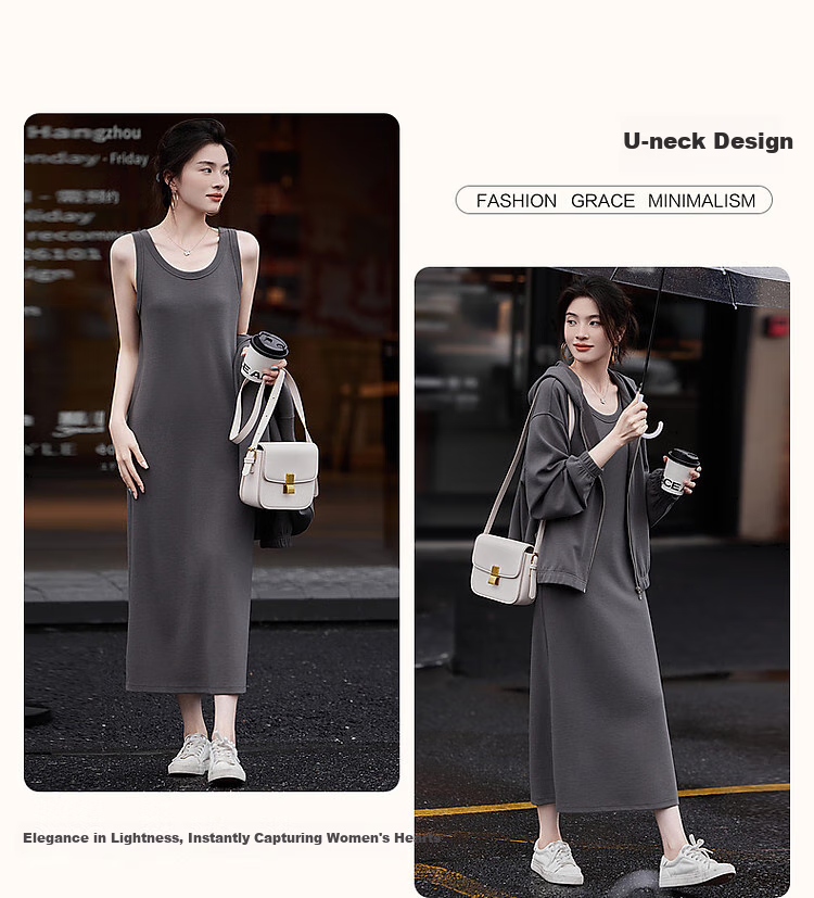 Dme [Laoqian Lazy Knit Set], Autumn Loose Shoulder Relaxed Top U-Neck Vest Dress Two-Piece Set for Wome 5