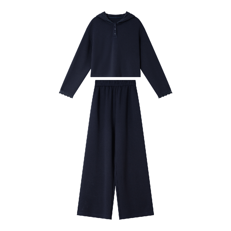 FANXIMAN Autumn Women's Navy Blue Sports Set New Hooded Sweatshirt Wide-Leg Pants Set Navy Blue XL