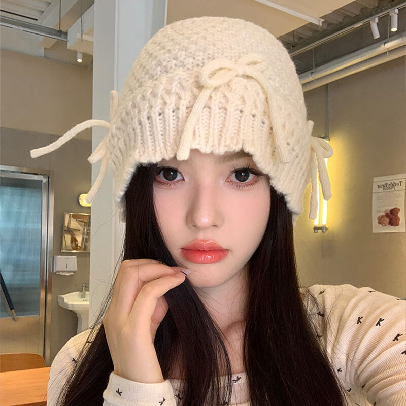XUEXIMAN Ins Style Cute Bowknot Bucket Hat Women Versatile Sweet Knit Wool Hat Korean Autumn Winter New Hat