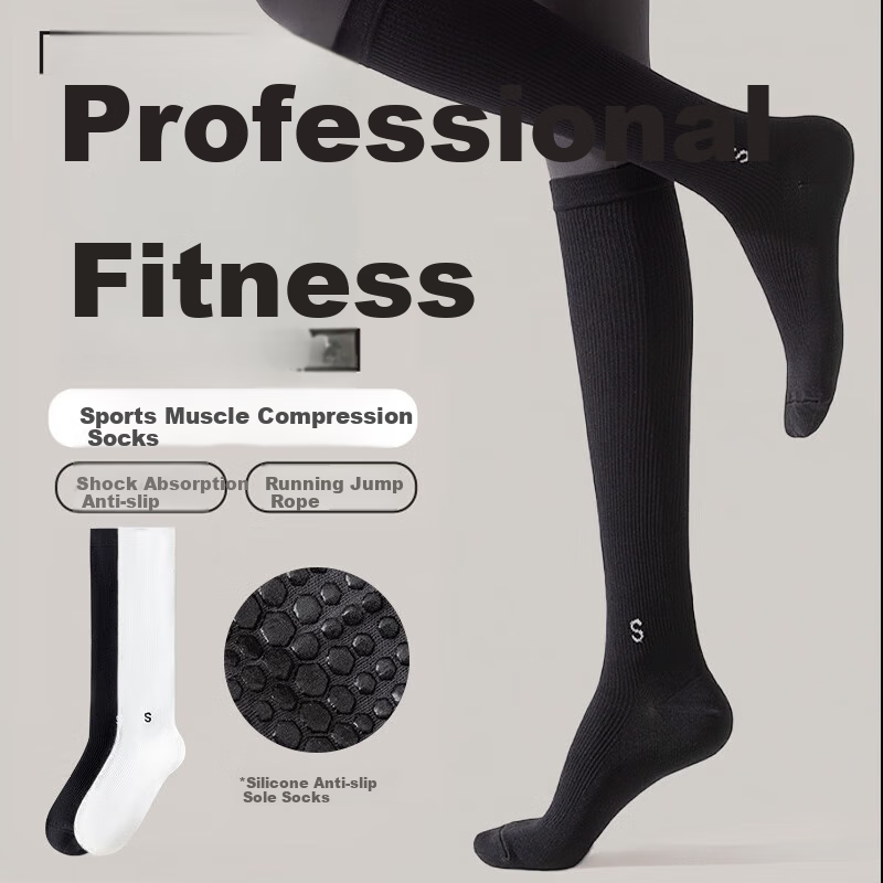 Duweike Pressure Socks, Professional Non-Slip Muscle Yoga Calf Socks, Sports Women's Running Jump Rope Marathon Cycling, Black + White