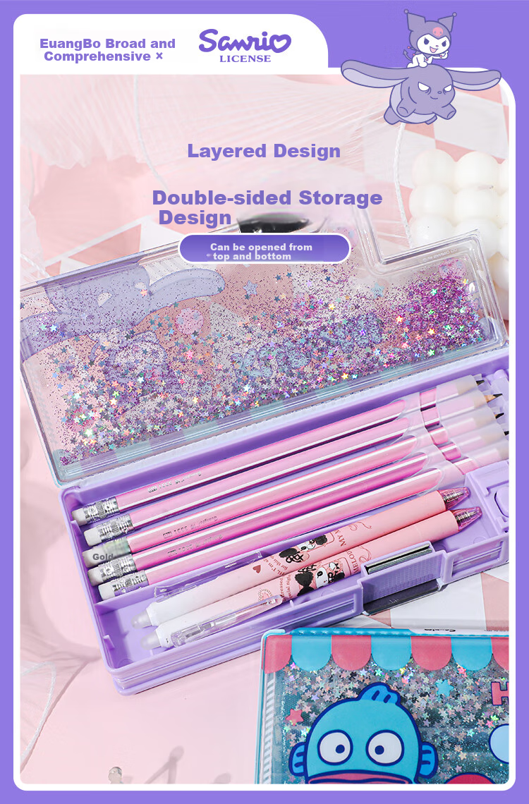 GuangBo & Sanrio Sand Art Pencil Case, Elementary School Student Multifunctional Plastic Automatic Pencil Case, Double-Layer Pencil Bag for Girls, Boys' Pencil Case, Renyu Han'dun KT85110 4