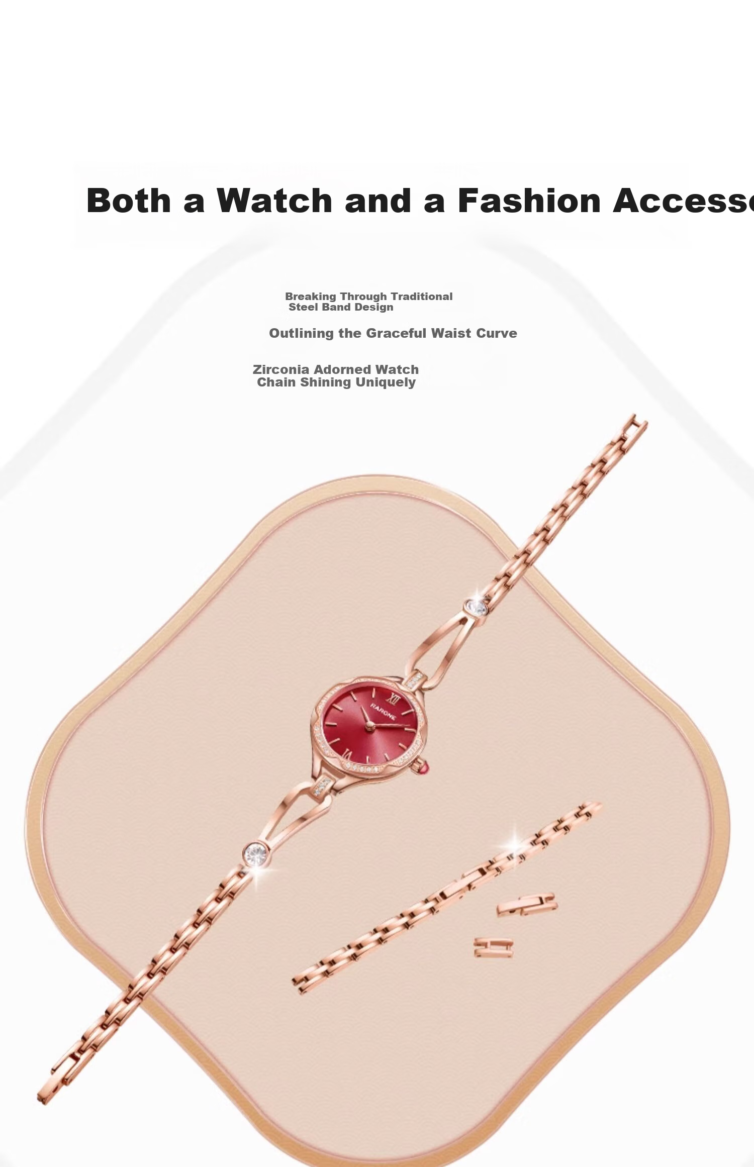 RARONE Slim Waist U Women's Watch, Cherry Pink Bracelet Wristwatch, Quartz Steel Strap, Birthday Gift for Girlfriend 3
