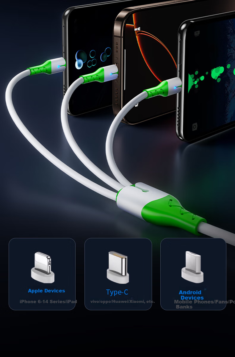 Aomake Three-In Charging Cable, Fast Charging Type-C Adapter for IPhone, Compatible with Xiaomi, OPPO, Samsung, Huawei, Vivo, Android Phones And Car Chargers 4