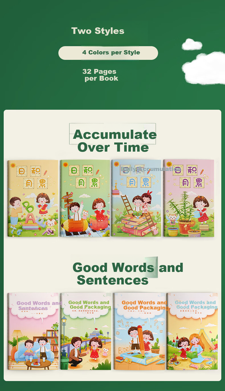 DiLe A5 Reading Notebook for Elementary Students, Good Words And Sentences Collection, Portable Reading Record Book with Notes for Each Grade Level, 32 Pages, Daily Accumulation (Set of 4) 085044 3