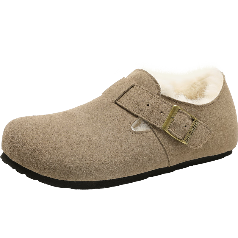 ZHR Suede Leather Birkenstock Women's Winter Fleece Lined Warm Cotton Shoes Women's Height Increasing Casual Shoes JQ07B Dark Khaki 40