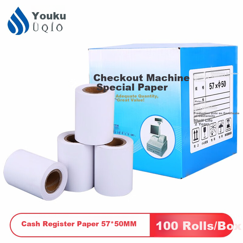 Youku 58m Printer Thermal Receipt Paper, 57mm*50mm Supermarket Restaurant Takeout Receipt Paper, Cash Register Printing Paper, 100 Rolls/box