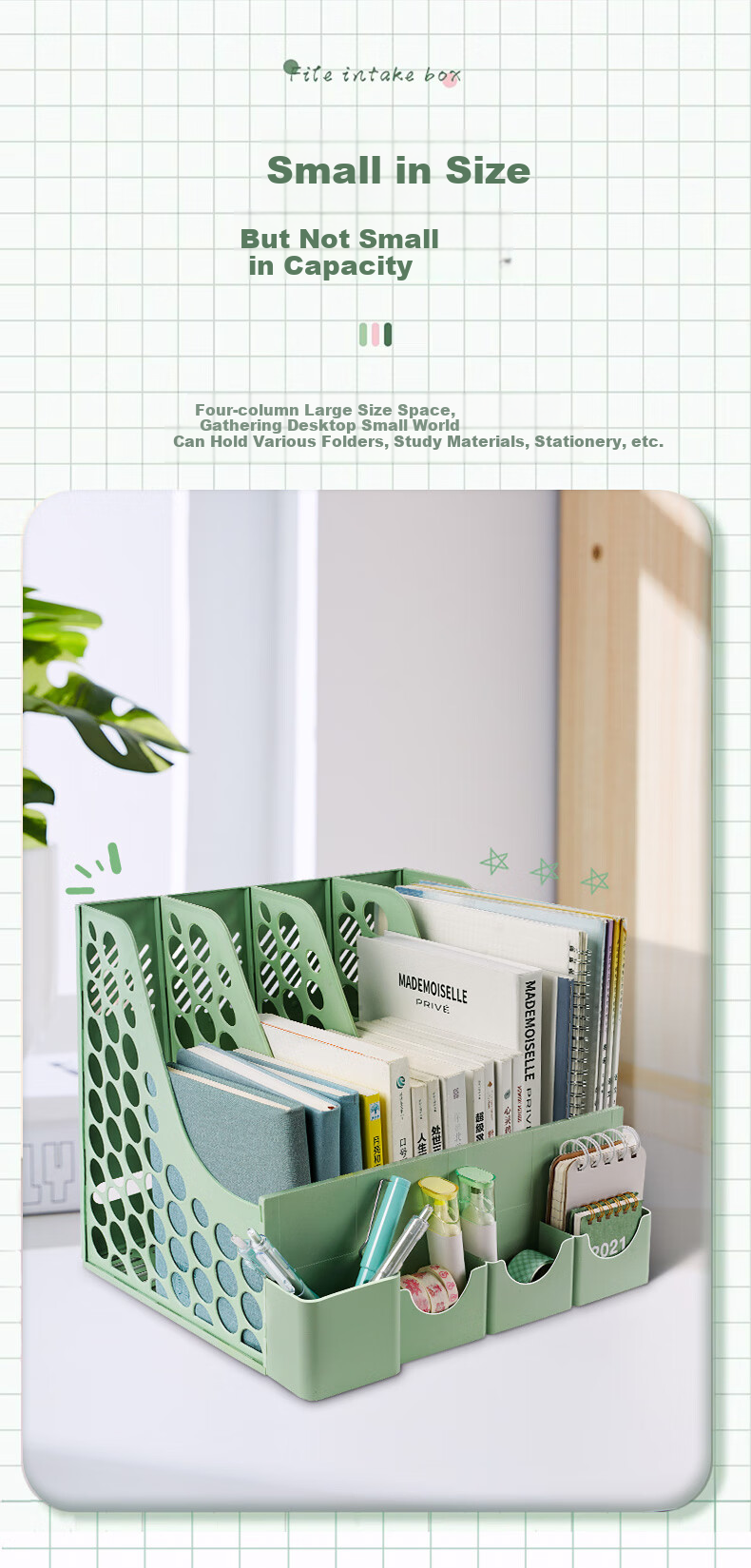 Licao Four-Unit File Organizer Desktop Storage Rack Bookend Desk Organizer File Holder Document Storage Folder Office Essential with Pen Holder Blue 5