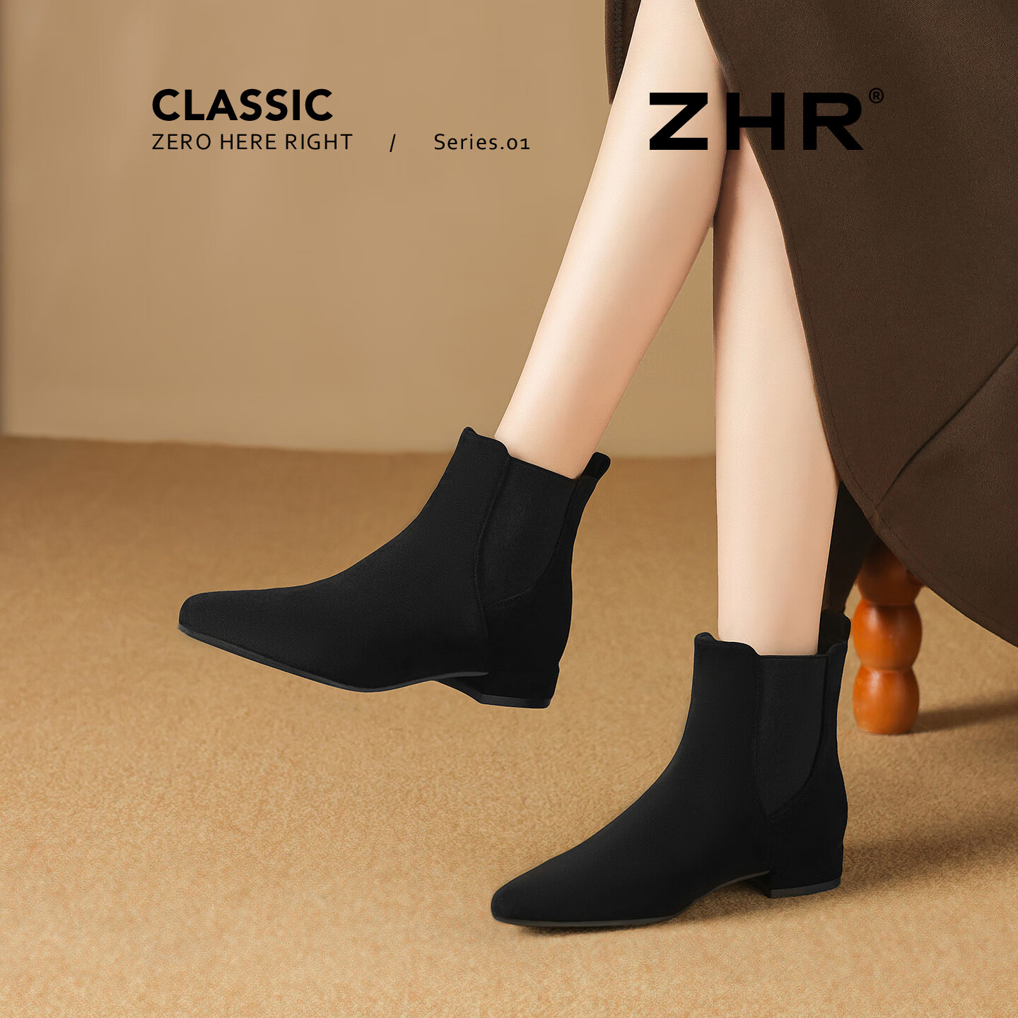 ZHR Women's Autumn Winter Suede Pointed Toe Fleece-Lined Chelsea Boots, Versatile Commuter Chunky Heel Boots K379A Black Size 36