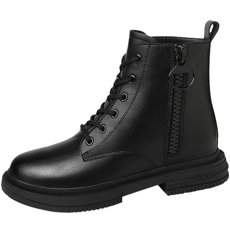 FUGUINIAO Women's Fleece-Lined Warm Martin Boots Autumn Winter Round Toe Chunky Heel Black Ankle Boots Single Lining Size 40