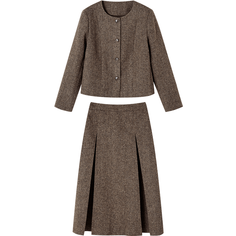 Demana [With Wool] Winter Sesame Dot Woolen Suit Round Neck Short Jacket Pleated A-Line Skirt Women's Two-Piece Set