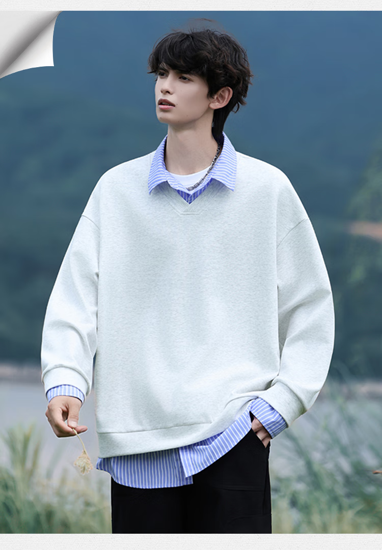 Homlean Casual Two-Piece Shirt Collar Color-Block Sweatshirt Men Autumn Winter Striped Loose Japanese Style HK05 Light Gray M 2