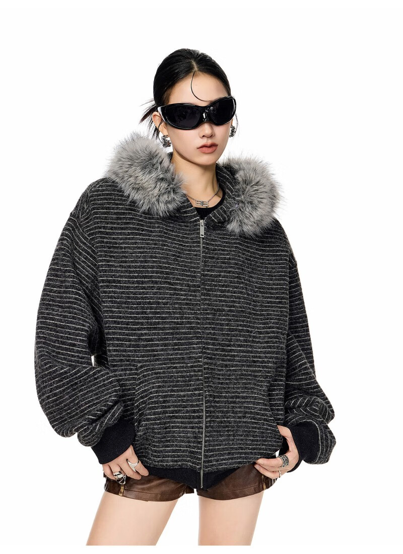 ICH MODE Women's American Style Hooded Striped Jacket with Fur Collar Autumn Winter New Zip-up Sweatshirt Cardigan Black M 1