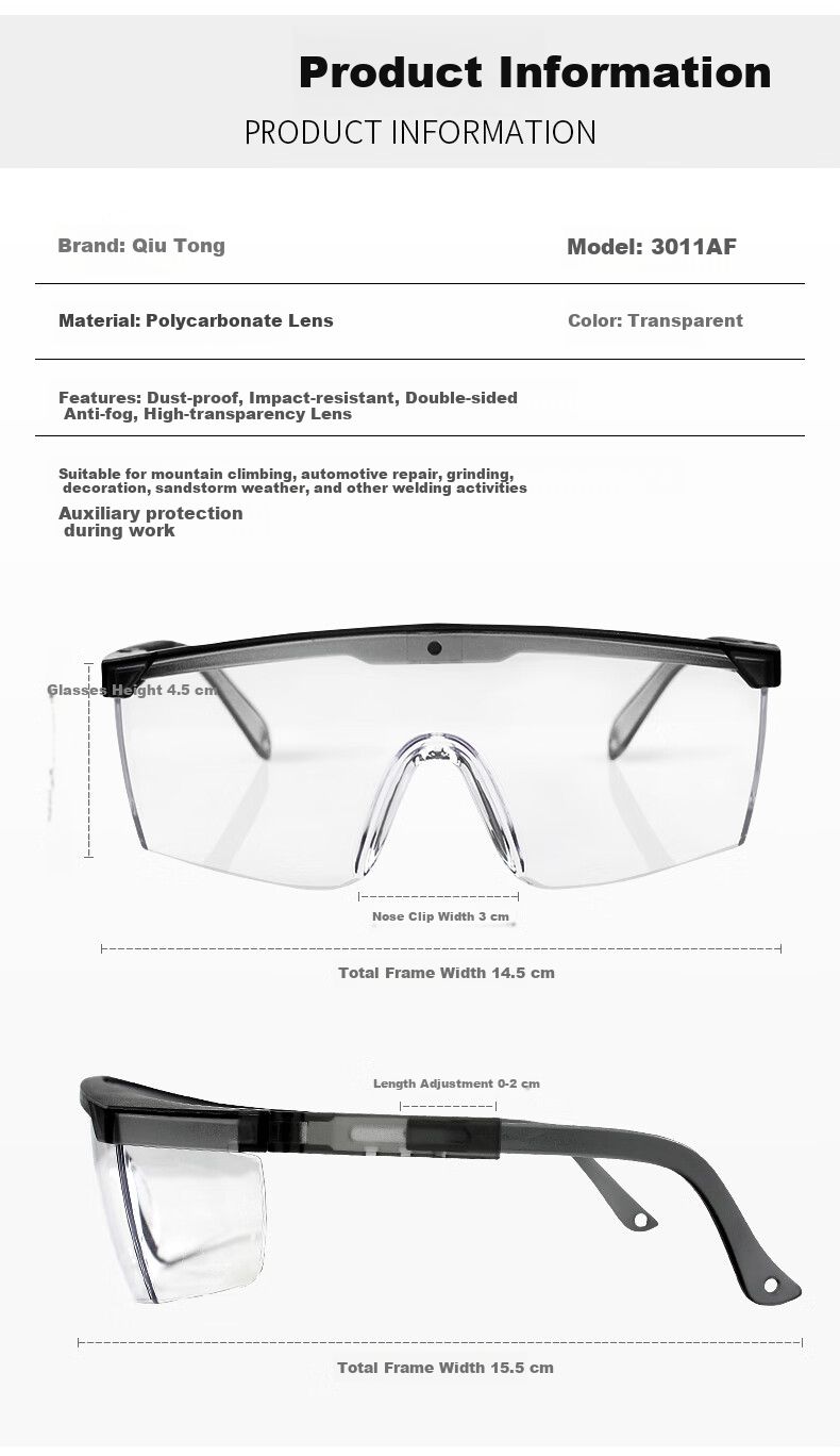 Qiutong Safety Goggles, Protective Eyewear, Dust-Proof, Splash-Resistant, Windproof, Grinding Glasses, Adjustable Temple Arms (Set of Two) 5