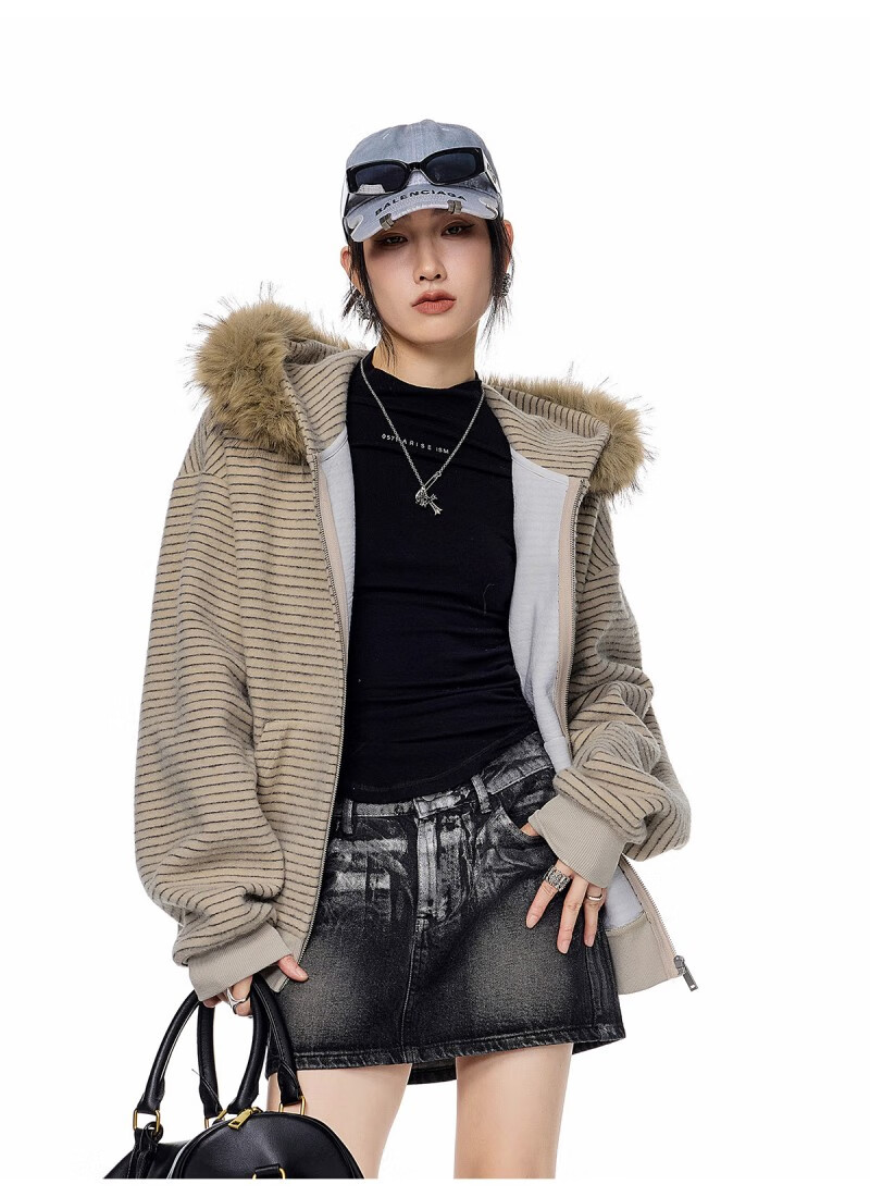 ICH MODE Women's American Style Hooded Striped Jacket with Fur Collar Autumn Winter New Zip-up Sweatshirt Cardigan Black M 25