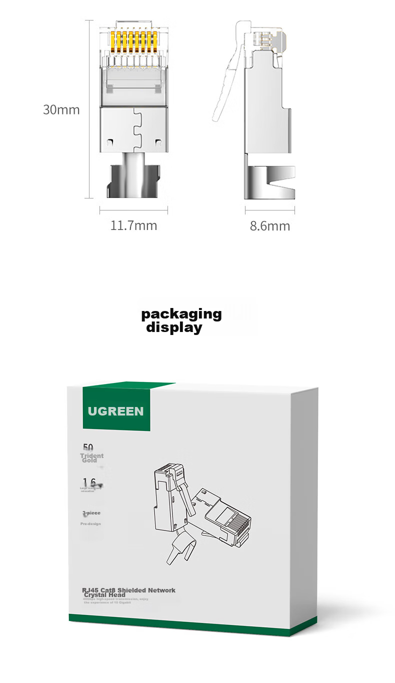 UGREEN CAT8 Shielded RJ45 Connectors, Gigabit Network Plugs, 50U Gold-Plated Professional Grade RJ45 Computer Network Cable Connectors, CAT8 Crystal Heads, 10 Pieces, 35770 22