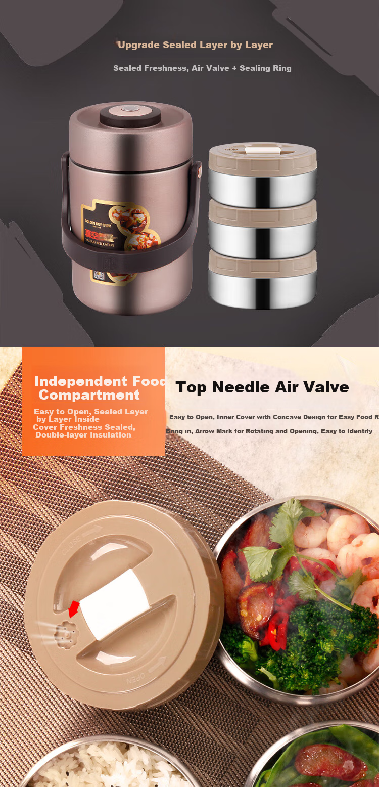 GOLDEN KEY 304 Stainless Steel Lunch Box 2.5L Anti-Scald Vacuum Insulated Lunch Box with Handle (Luminous Silver) GK-C2500T 4