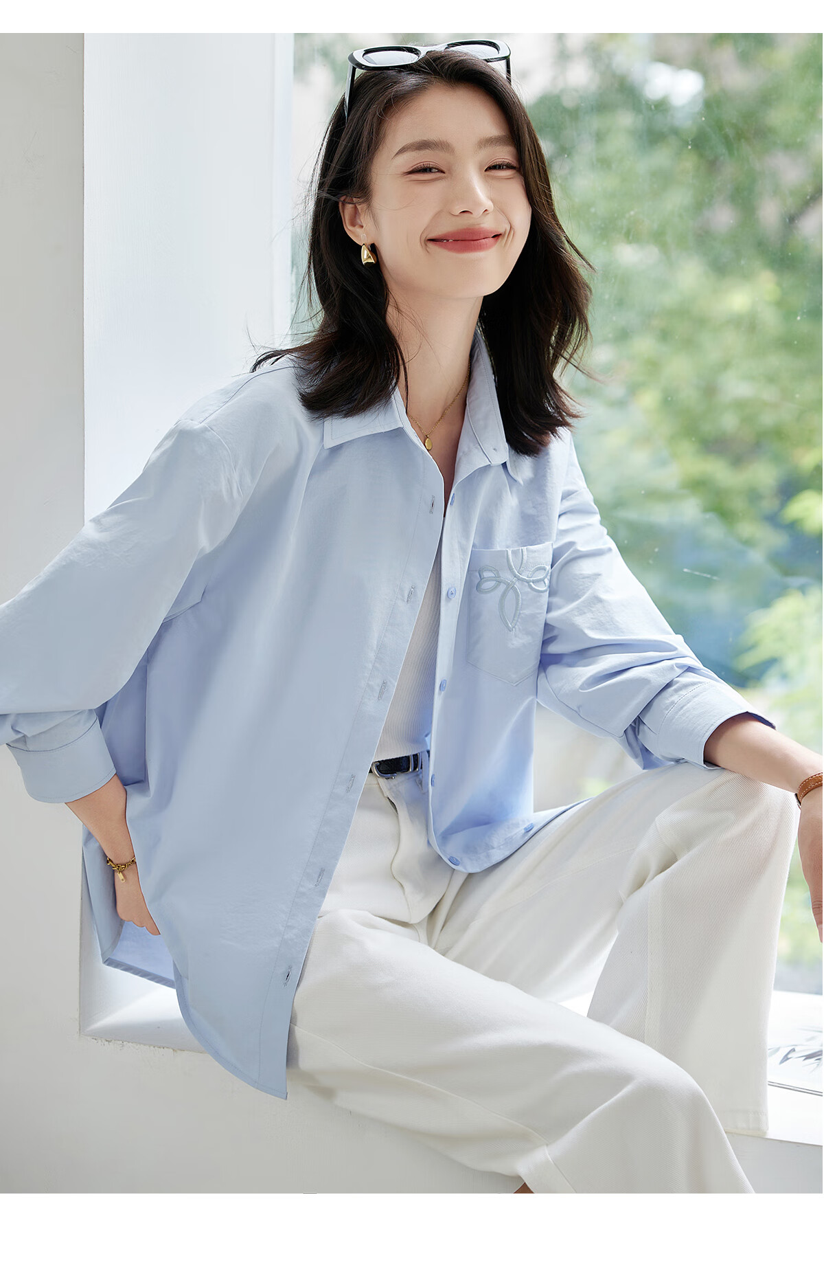 Chushen Women's Spring and Autumn Long Sleeve Shirt Embroidered Pocket Design Loose Simple Commuter Blouse S143C2031 15