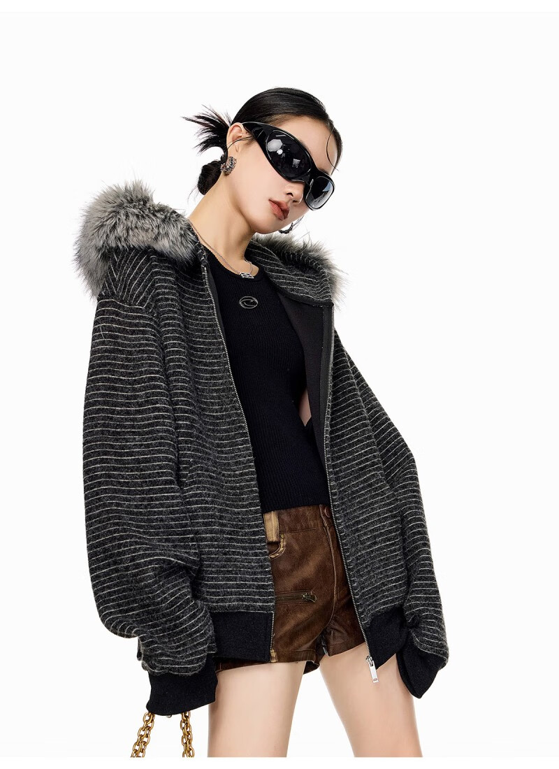 ICH MODE Women's American Style Hooded Striped Jacket with Fur Collar Autumn Winter New Zip-up Sweatshirt Cardigan Black M 8