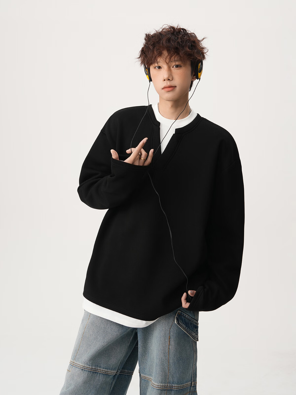 Foss Phil Men's Fake Two-Piece Long Sleeve Sweatshirt Autumn Winter Loose Fit Basic T-Shirt HT25764 Black 3XL 20