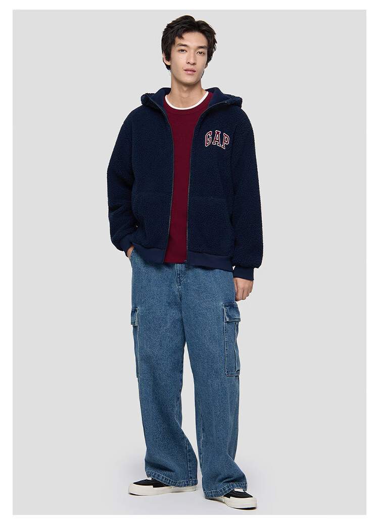 GAP Unisex 2025 Autumn New Logo Embroidered Loose Faux Sherpa Zip-Up Hoodie 786507 2