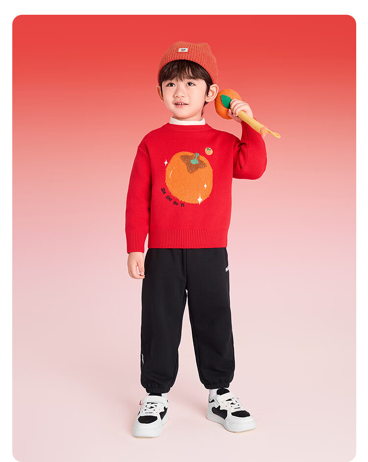 Balabala [balaOne] Children's Jacquard Trendy Sweater Red New Year Greeting Outfit Baby Style 7