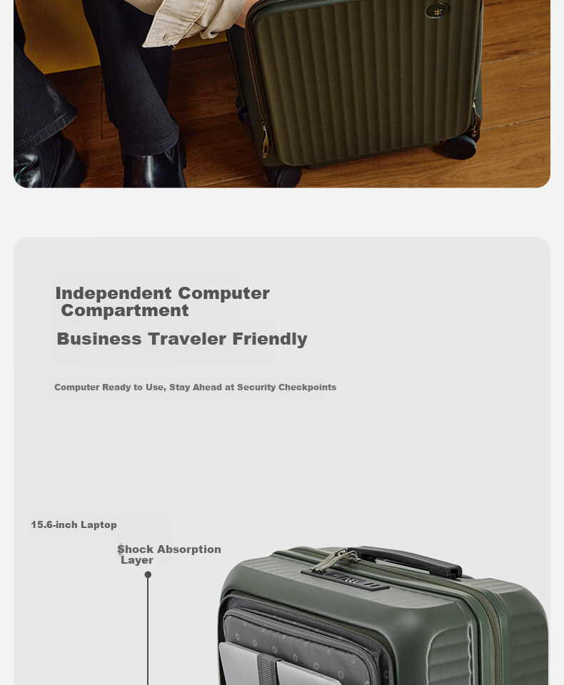 CONWOOD MEGA Series Front-Opening Carry-On Luggage Laptop Case Trolley Suitcase PC290F+, Olive Green, 20 Inches 5