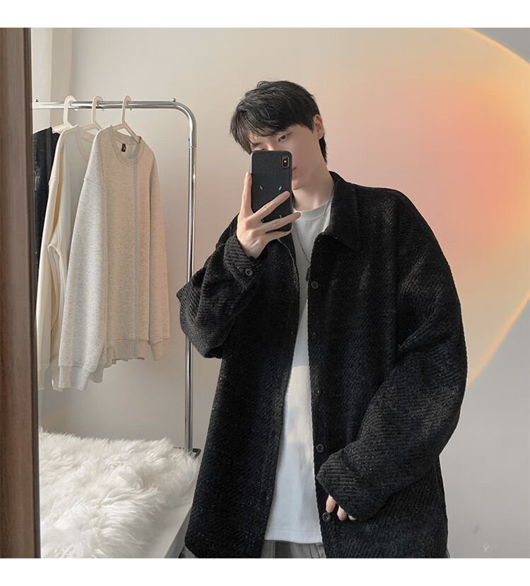 Dingfengbaoluo American Style Fishbone Pattern Jacket Men Autumn Lapel Loose Textured Casual Long Sleeve Shirt XJM65 Black M 19