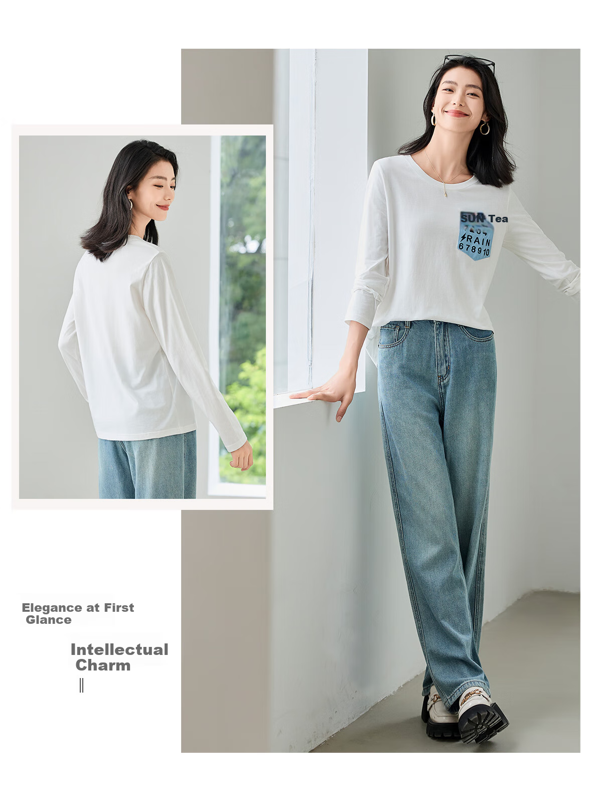Chushen Spring And Autumn Long-Sleeve T-Shirt for Women, Versatile Letter Patchwork Round Neck Base Shirt, Casual Loose Top S143T2014 11