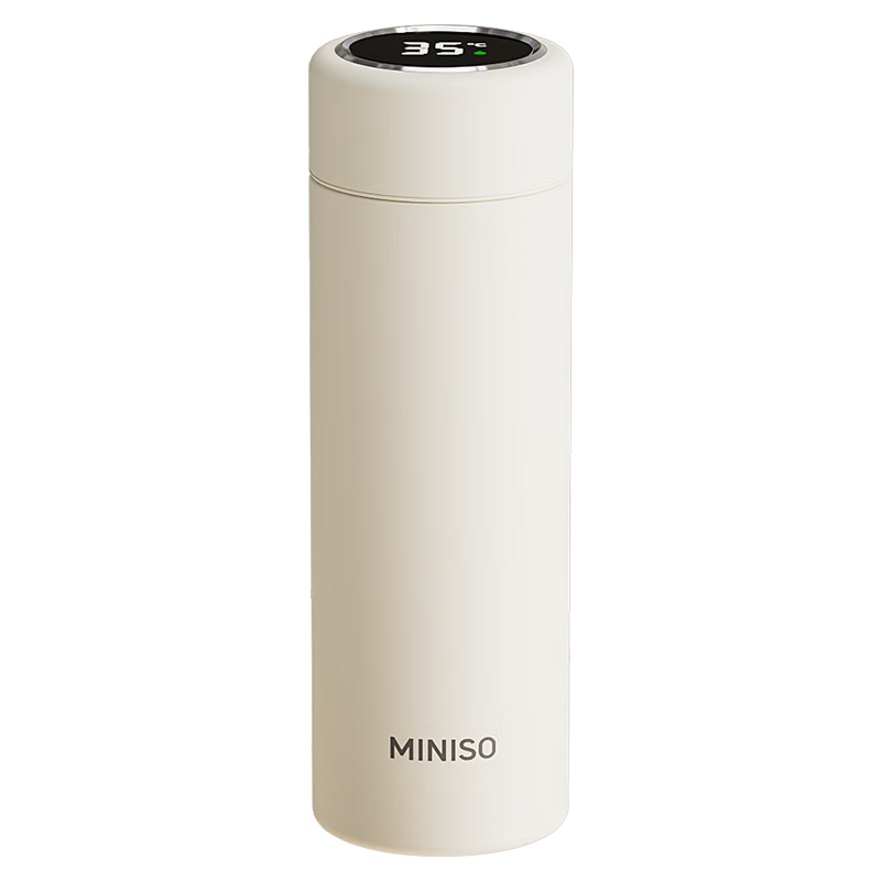 MINISO Large Capacity Temperature Display Insulated Water Bottle for Women, High-Quality 316L Stainless Steel Tea Infuser, Men's Student Water Cup, Snow White Matte Finish