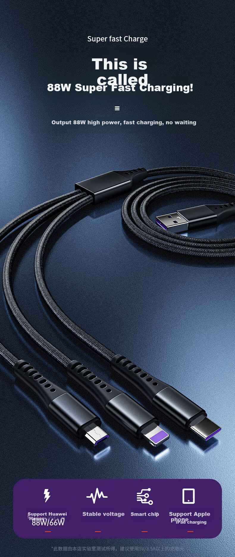 KOVOL [Core Upgrade] Data Cable Three-In 5A Fast Charging 88W Compatible with Huawei, Xiaomi, Type-C Android Phones Charging Cable for Apple 14/Oppo/iPhone One-To 2