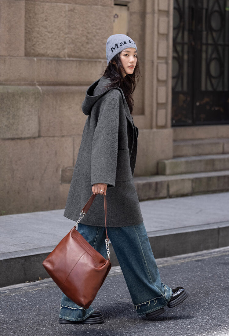 Demana College Style Winter Hooded Long Sleeve Mid-Length Wool Coat with Front Pockets and Open Placket 5