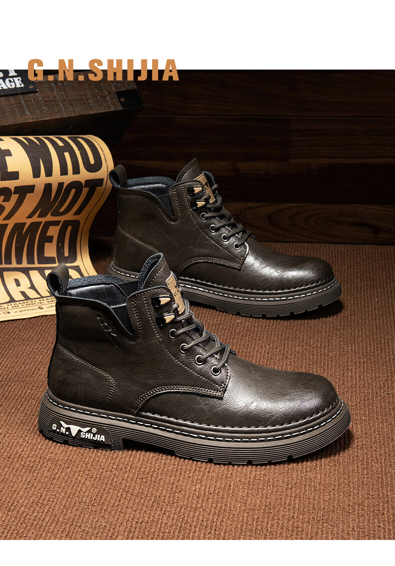 Bull Family Men's Autumn Winter New Retro British Martin Boots Fashion Versatile Work Boots Mid-High Lace-Up Leather Boots 10